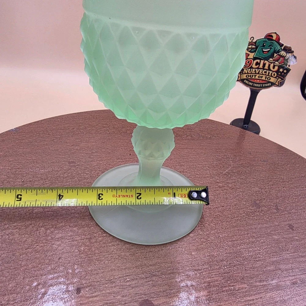 Vintage Frosted Green Uranium Glass Goblet Diamond Point Satin Glow Glassware